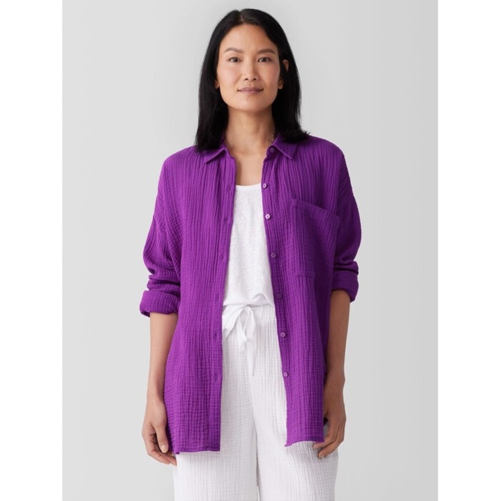 NEW Eileen Fisher Organic Cotton Lofty Gauze Classic Collar Long Shirt Medium